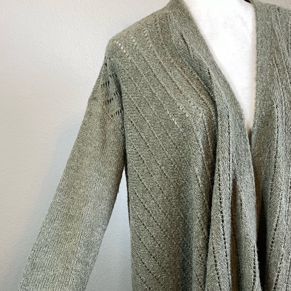 Lou & Grey Wool Alpaca Long Sleeve Loose Knit Open Front Green Tan Cardigan - Picture 3 of 7